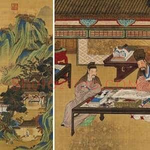 仇英青绿山水人物《宝绘堂图》轴