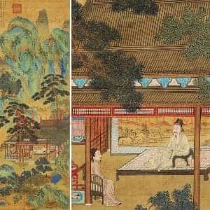 仇英青绿山水人物画《昼锦堂图》轴