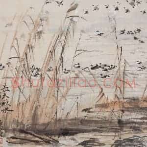 1988年 黄胄《长天秋水》国画花鸟作品图片赏析